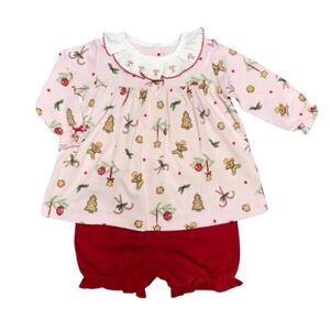Toddler Pink Christmas Print Top & Red Bloomers Set